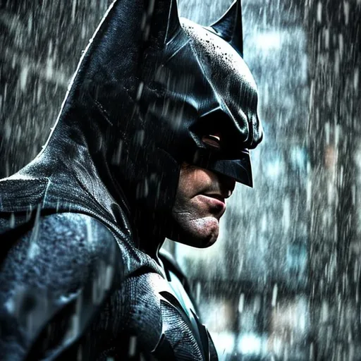 Prompt: gritty batman with rain pouring
