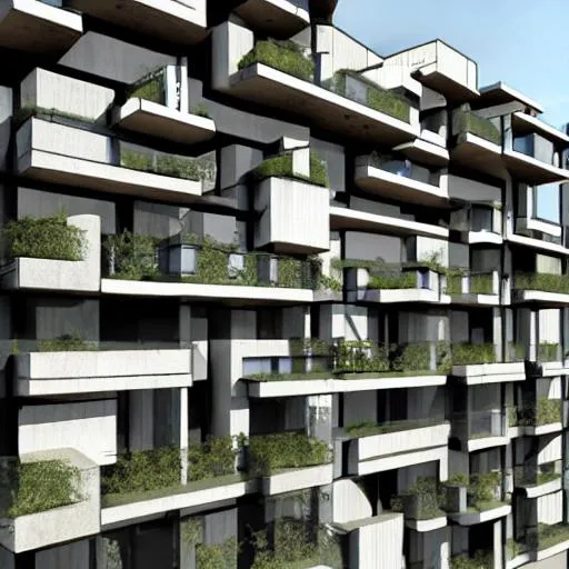 Prompt: architectural rendering, brutalism building in milan, italy like habitat 6 7, using modern material like steel + concrete + glass, biophilia