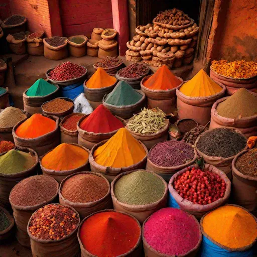 Prompt: traditional spices market in India, colorful