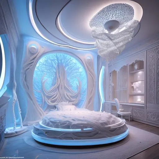 Prompt: a bed sitting inside of a bedroom next to a window, intricate futuristic led jewelry, autodesk, islamic interior design, white carved abstract sculpture, evokes delight, sleek flowing shapes, futuristic buildings, white octopus, dramatic blue lighting!