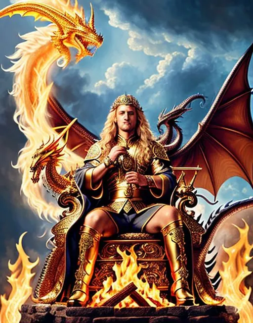 Prompt: An handsome angel with long wavy blonde hair sitting on a jeweled throne with a fire breathing dragon by his side, ultra detailed, highly detailed scenario , photorealistic detailed intricate masterpiece UHD HDR symmetric coherent epic hyperdetailed stunning beautiful