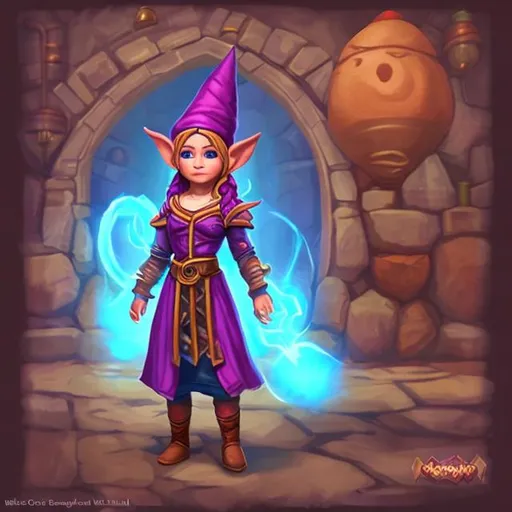 Prompt: Full body image of a young beautiful gnomish female mage 
