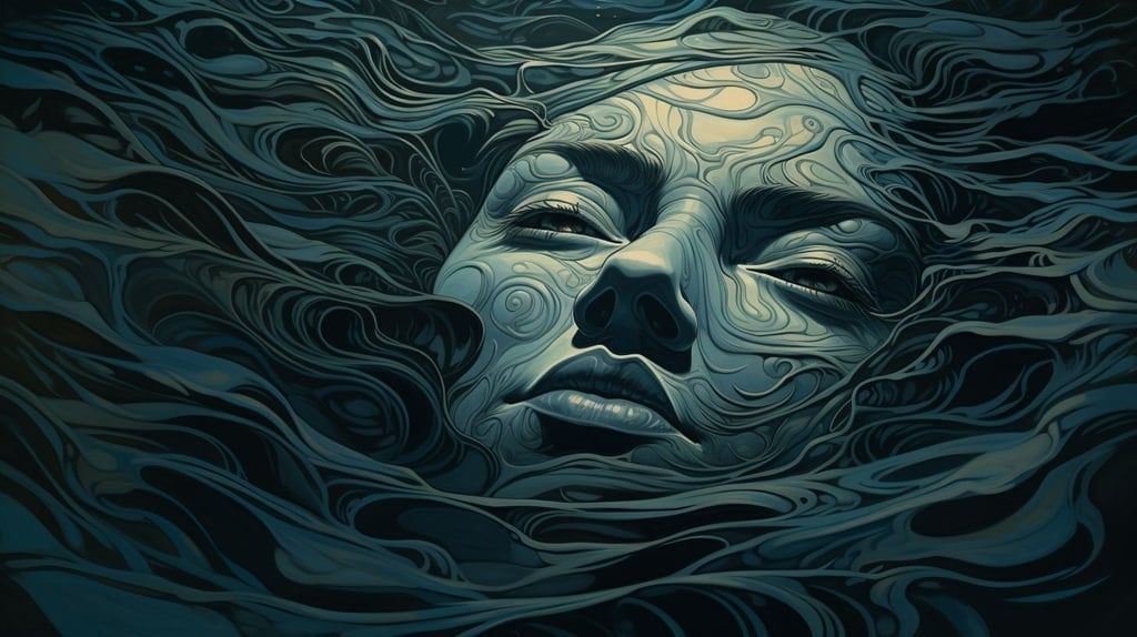 Prompt: vector in a realm of patterned waters, a lined face materializes from the ripple-touched depths