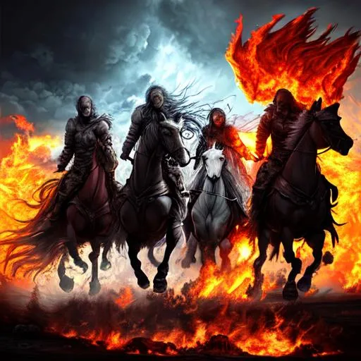 Prompt: The 4 horsemen of the apocalyps riding through the sky. Flames and tears. Photorealistic.