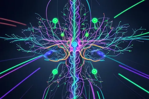 Prompt: Type of image: Digital art,
Details to add to the subject: Intricately interconnected neurons, electrical impulses traveling through neural pathways, synapses firing, neurotransmitters in vibrant colors transmitting information,
Special lighting: Bioluminescent glow illuminating the neural network,
Color Scheme: Neon and luminescent colors, representing the energy and activity within the brain,
Point of View: Microscopic view, exploring the inner depths of brain neurons,
Background: Dark and cosmic, suggesting the vastness and complexity of the human mind,
Specific art style: Abstract and scientific,
A specific photo type: Visualization of brain neurons,
Camera settings: Digital drawing tablet, high resolution (300 DPI), 4:3 aspect ratio.