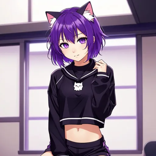 Prompt: cute,anime,purple hair,cat girl,sweat shirt(black, with a purple line,crop top), collar, cute, fang, purple eyes, purple tail, Nekomata Okayu,anime style