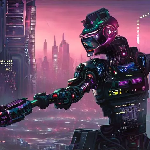 Prompt: cyber punk bounty hunter with robotic arm, matte painting, city background, holding a pistol, hyper detailed, no mistakes, HD, 8K,
