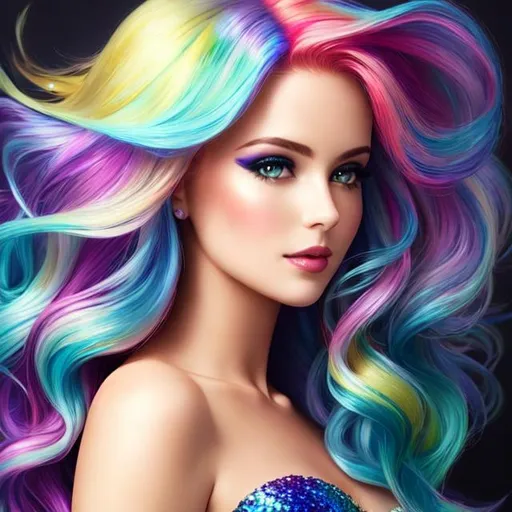 Prompt:  Beautiful mermaid, photorealistic face, curl long multicolored hair