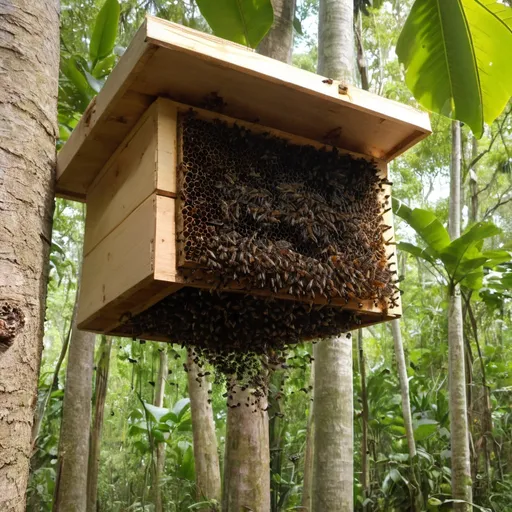 Prompt: swarm abandoning the woodenbox hive in the tropical woods