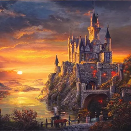 Prompt: Beautiful castle sunset, oil painting, UHD, 8k, Very detailed, cinematic, realistic, photoreal, trending on artstation, sharp focus, studio photo, intricate details, colorful, pretty