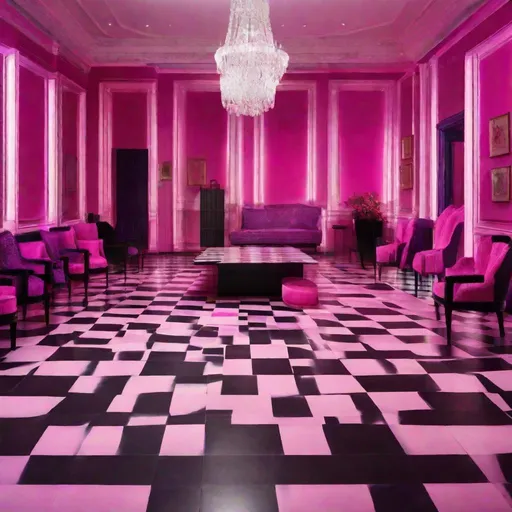 Prompt: This image shows a glittery room with a checkered floor. The walls are painted in shades of pink and purple, creating an eye-catching contrast to the black and white checkerboard pattern on the floor. In the center of the room is a table surrounded by several chairs, all covered in various shades of pink fabric. On one wall there is a large rectangular object with intricate patterns carved into it, adding to the overall aesthetic of this space. A person's hand can be seen reaching out from behind one chair, suggesting that someone may have just left or entered this area recently. There is also a single purple flower near one corner of the room which adds some color and life to this otherwise monochromatic scene.
