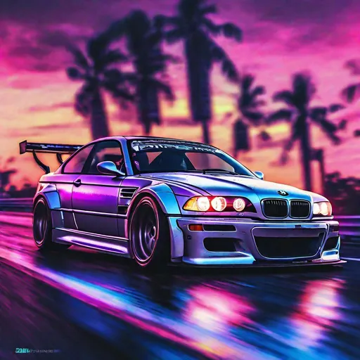 Prompt: 2001 BMW M3 E46 GTR, synthwave, aesthetic cyberpunk, miami, highway, dusk, neon lights, coastal highway, dusk, neon lights, coastal highway, sunset, drift, nurburgring, water on the road, blade runner, 64k, watercolor, macro sharp focus, 8, hyper realistic, cinematic, highly detailed, photoraelistic, clean