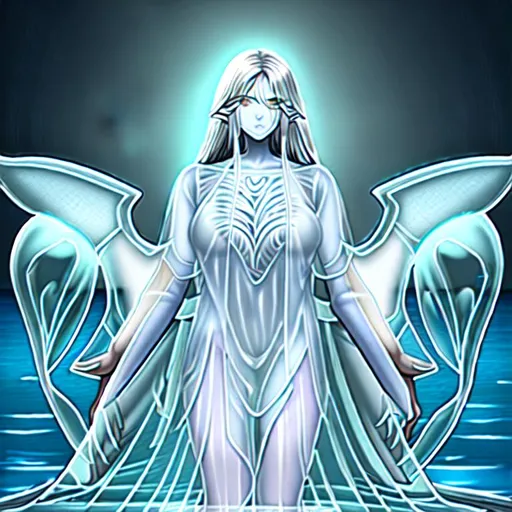 Prompt: Amphitritéia, the goddess of the waters, has a majestic appearance with long hair flowing like ocean waves, deep and mesmerizing eyes of the color of the sea, and pale and translucent skin. She wears elegant and flowing garments in shades of blue, green, and silver, and carries a radiant aura of serenity. With translucent wings resembling the fins of marine creatures, she moves gracefully both on land and in water. Her marine accessories, such as shells and pearls, highlight her divine connection to the seas, while her crown or tiara symbolizes her role as the goddess of the waters. Amphitritéia is imposing yet compassionate, embodying the power and compassion of the oceans.