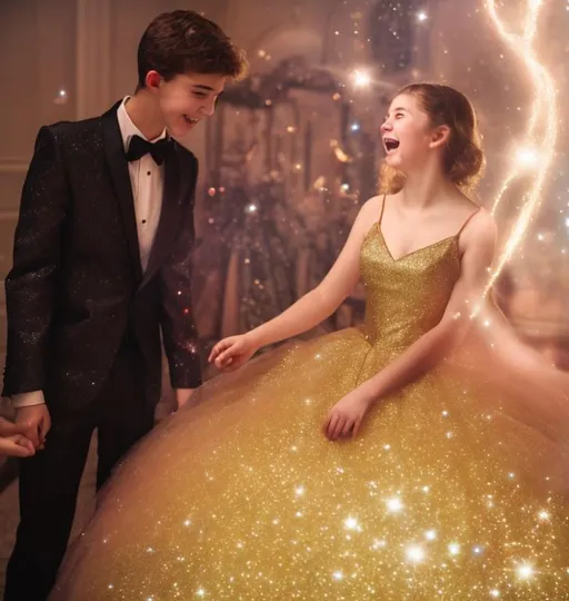 Prompt: 16 year old boy in a tuxedo pointing his magic wand at jar as the 16 year old girl is amazed as a big red super puffy and sparkly ball gown appears on her as gold sparkly magic flys all around her