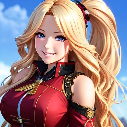 Prompt: extremely realistic, hyperdetailed, extremely long blonde wavy hair anime girl, deep red blush, smiling happily, wears steampunk clothing, toned body, showing abs midriff, highly detailed face, highly detailed eyes, full body, whole body visible, full character visible, soft lighting, high definition, ultra realistic, 2D drawing, 8K, digital art