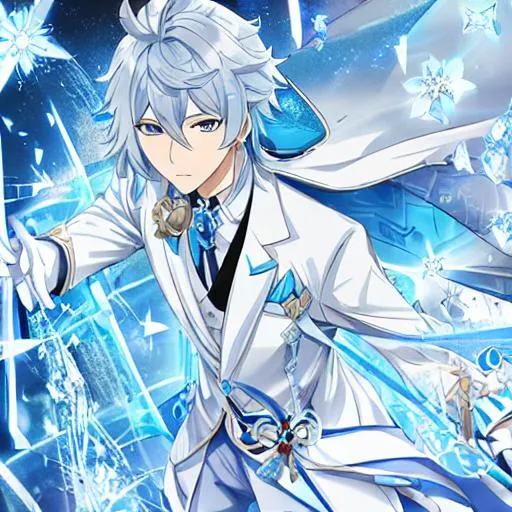 Genshin impact character, guy, blue winter clothes, white hair