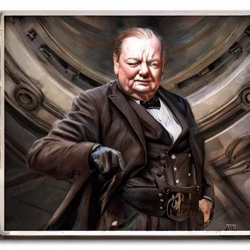 Prompt: high-quality high-detail highly-detailed breathtaking hero ((by Aleksi Briclot and Stanley Artgerm Lau)) - ((Winston Churchill)) superhero pose with big grin.