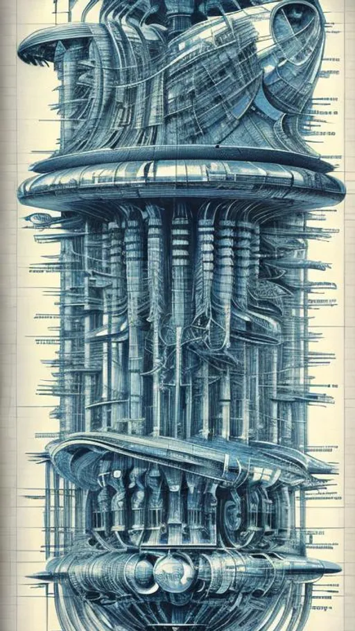 Prompt: technical drawing blueprint Futurism art style infographics exploded view of spacecraft's warp drive technology by hr giger combined with Zdzislaw Beksinski and Ed Binkley, infographics, marginalia, detailed exploded view, 1950's popular mechanics poster
