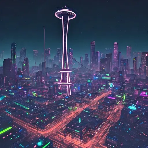 Prompt: cyberpunk Seattle with a giant neon space needle