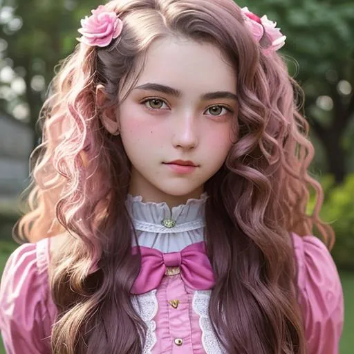 Prompt: An attractive 18 year old girl with very curly  long hair,  wearing pink, elegant, Victorian era, 19th century, facial closeup