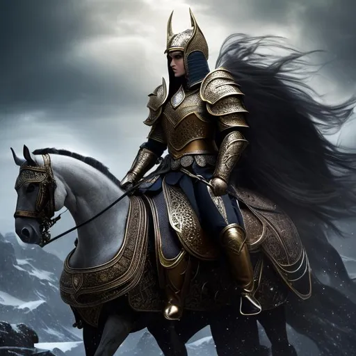 Prompt: Persian myths, With all the details, Full HD, very impressive, a man's face with all the details, a powerful body, beautiful and perfect armor, a beautiful horse with a very beautiful saddle and reins, UHD, 4K, hyper realistic, extremely detailed, dark cinema, high fantasy, goddess of storms, portrait, highly detailed, highly detailed silver armour, accurate anatomy, soft pale skin, large grey eyes, striking eyes, symmetrical face, volumetric lighting, thunder, lightning, storms, stormy.