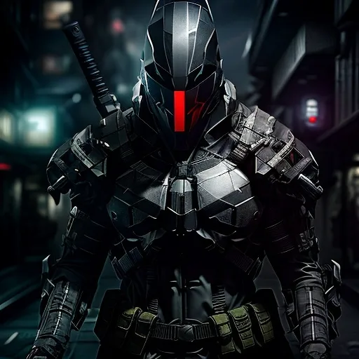 Prompt: Futuristic soldier, arkham knight red hood style military helmet without the batman ears, witcher and halo themed armour, swords, post-apocalyptic setting, high-tech and tactical armor, weapons, gritty atmosphere, detailed reflections on armor, best quality, highres, ultra-detailed, futuristic, post-apocalyptic, sleek design, professional, atmospheric lighting, city background