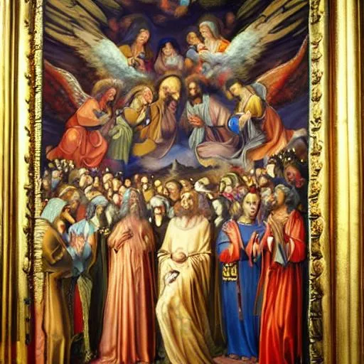 Prompt: Imagine a religious painting with a richly detailed background of heavenly hosts, saints, and angels, all bearing witness to a sacred event.
