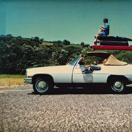 Prompt: A Polaroid picture of a car with the roof down and the person driving, summer