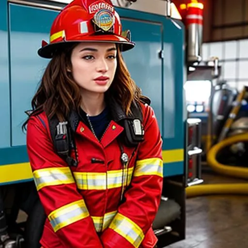 Prompt: Crystal Reed as super hot firefighter open unbuttoned