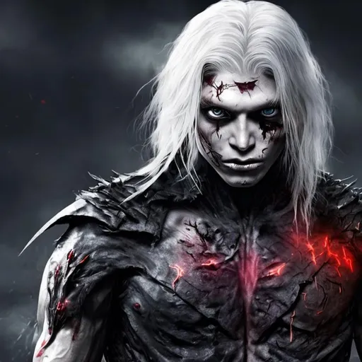 Prompt: human, young, long white hair, men, mutant, scars, black clothes, blood, black armor, boy