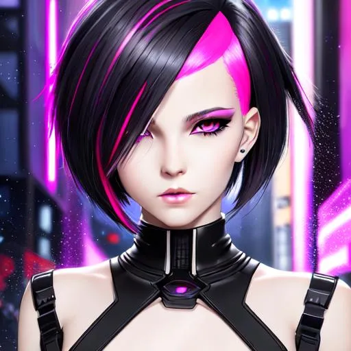 Prompt: cyber punk, insanely beautiful 16 year old girl. black with pink streaks hair. one side shaved bob cut hair.  beautiful deep grey eyes. perfect anatomy. symmetrically perfect face. hyper realistic. super detailed. soft colours. no extra limbs or hands or fingers or legs or arms. standing on the street. pale skin. smooth texture.