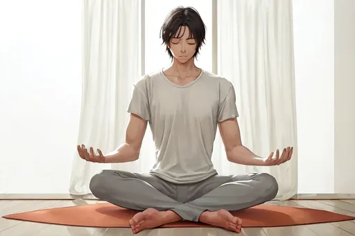 Prompt: In a serene indoor setting bathed in soft, natural light, a man sits cross-legged on a yoga mat, embodying tranquility with his eyes closed and a calm expression. Dressed in a simple gray t-shirt and loose-fitting pants, he focuses on his breathing, with his hands resting in a meditative gesture. Flanking him, partially visible figures of two individuals also engage in meditation, their presence adding to the atmosphere of collective mindfulness. The scene exudes a peaceful, serene ambiance, emphasizing self-reflection and inner peace in a moment of stillness amidst the busy world outside.