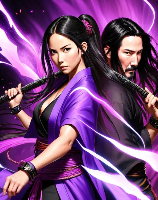 Prompt:  Masterpiece photo
(Olivia Munn, 16 years old), with (keanu reeves, male ninja in purple kimono) as a ninja, wearing purple ninja artifact gear, dramatic, cinematic lighting, caustic, tribal village background, sleeveless, black wild hair, brown eyes, ethereal, jewelry set balayage, royal vibe, highly detailed, digital painting, Trending on artstation , HD quality, tan skin, Big Eyes, artgerm, by Ilya Kuvshinov