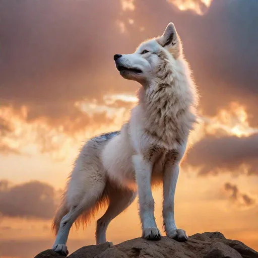 Prompt: beautiful white wolf pup howling, standing on cliffside, sunrise, UHD, full body focus, professional, vibrant, wild billowing fur, big 8k {silver eyes}, thick fluffy {rose-gold mane}, vivid colors, rich colors, majestic colors, majestic golden sky, realistic fur, highly detailed, intricate detail, Anne Stokes, Yuino Chiri, detailed oil painting, masterpiece, unreal engine, artstation, 8k HD