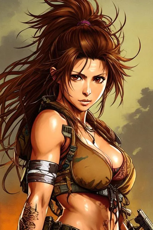 Prompt: (((Yoji Shinkawa))), sticker of ultra detailed portrait of Marisa Tomei, 25 years old, as Tribal warrior,  high quality cell shaded illustration in post apocalyptic style by Yoji Shinkawa, ((full body)), dynamic pose, perfect anatomy, centered, freedom, soul, brown long hair, approach to perfection, cell shading, 4k , cinematic dramatic atmosphere, watercolor painting, global illumination, detailed and intricate environment, artstation, concept art, fluid and sharp focus, volumetric lighting, cinematic lighting, Artby Ilya Kuvshinov,