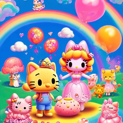 Prompt: princess peach and hello kitty and garfield playing in a magical field, art style lisa frank and sanrio, rainbows everywhere