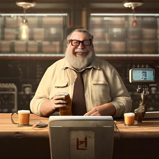 Prompt: old fat computer technician with beer