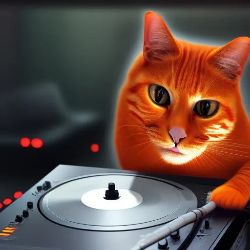 Prompt: photorealistic portrait of an orange cat DJ in a large club, wearing headphones, paws on turntables, realistic, 8K, ray tracing, lasers in background, highly detailed