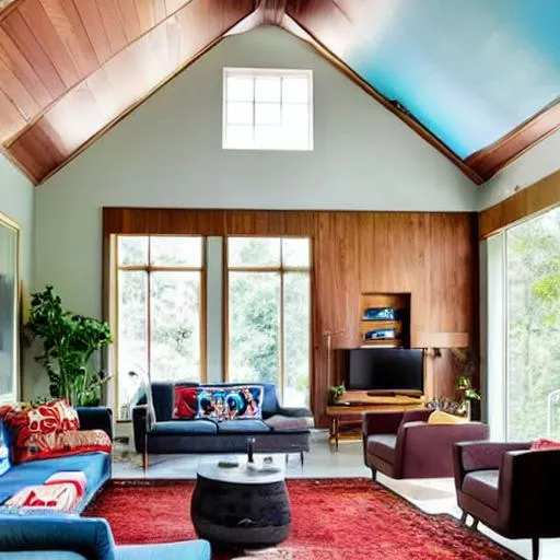 Prompt: tall ceiling mid-century modern living room with a lot of natural sunlight, cozy and warm, vintage decor, colorful decor, artwork on the walls