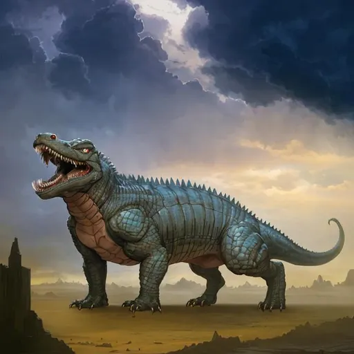 Prompt: Sci Fi Fantasy illustration of a rabid heavy set hybrid mammal Biarmosuchus moschomps Xenomorph. Detailed concept art, detailed matte painting masterpiece. Realistic Zoological illustration, animal photography, Nikon, sharp focus, cloudy sky background, "Godzilla 1985"