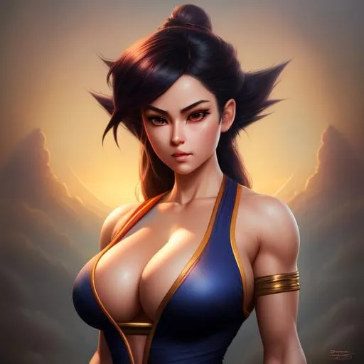 Prompt: Female  Goku from dragonball z Huge cleavage, athletic body, Highly detailed photo realistic digital artwork. High definition. Face by Tom Bagshaw and art by Sakimichan, Android Jones" and tom bagshaw, Biggals