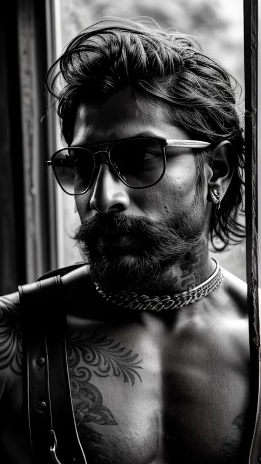 Prompt: Sensual, tattooed, shirtless, rustic indian man, wearing sunglasses and a intricate leather harness, in an abandoned place near a window, cinematic, close-up portrait, grayscale, hyperrealistic, hyperdetailed, ambient light, perfect composition, provocative, textured skin, high contrast, profile portrait.