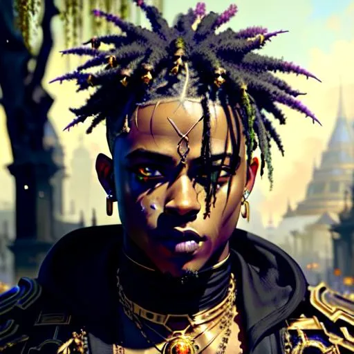 Prompt: Xxxtentacion as black demon knight by Pino Daeni detailed painting, detailed Face, dynamic lighting, golden hour, beautiful, colorful, landscape, hyperdetailed, Weeping willows, green grass, flowers, earth art, beautiful, detailed, colorful, golden hour, fantasy, matte background, concept art, detailed painting
