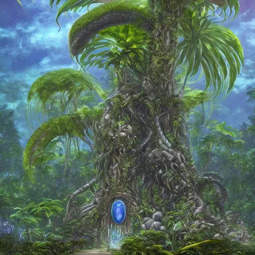 Prompt: magical giant sentient tropical sandy palm tree carnivorous plant creature with scythes and one white flower at its center. sunlight shafts, floating blue crystal shards with ancient stone moss covered mystic temple beach.