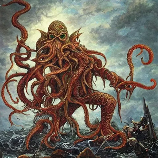 Prompt: Cthulhu, war, painting, realistic