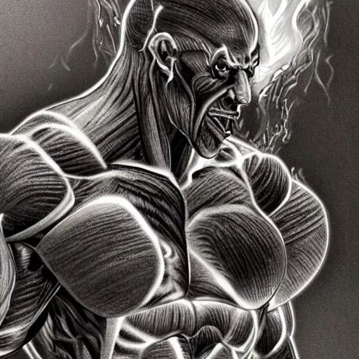 Prompt: hunched back, very muscular build, humanoid creature, gray skin, fire burning from heady,  very angry, evil, side profile