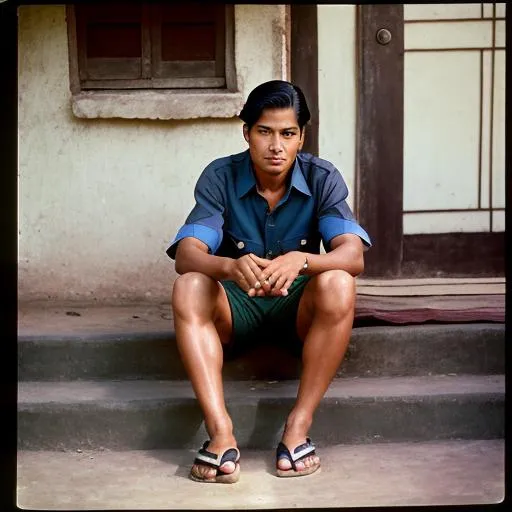 Prompt: Analogue photography of Indonesian looks like brandon routh, 1950s, poor, old house, hard life, short pants, flip flop sandal detail background, professional shoot, professional lighting,