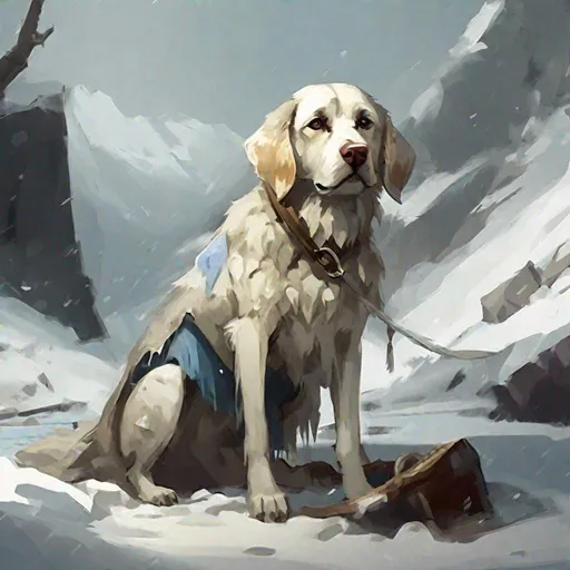 Prompt: (in dripping art style) Gertrude, With this loyal dog at your side, you have a companion who can help you make it through even the most treacherous of avalanches in Pale Pass and other mountainous areas … even if it has to pull you out from under a pile of fallen snow and detritus, dripping snow, dripping ice, Masterpiece, Best Quality 