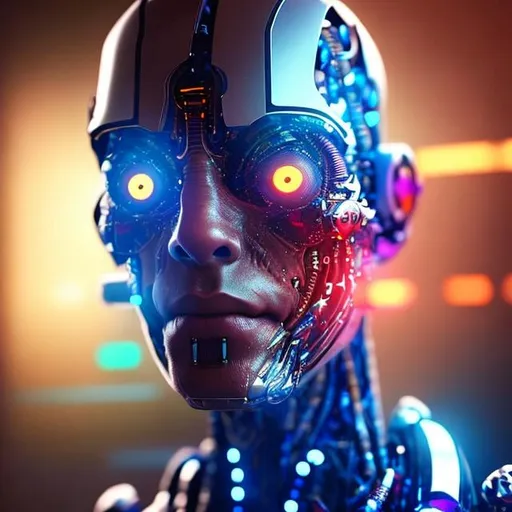 Prompt: Future cyborg , Ultra realistic, with Lights and colorful background 
