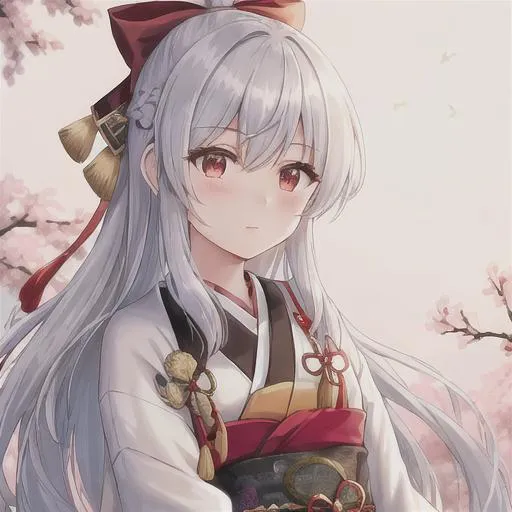 Prompt: Bow and arrows, human, Taishō era, beautiful haori, Japanese styled outfit, silver hair, red eyes, Artemis, moon and stars 